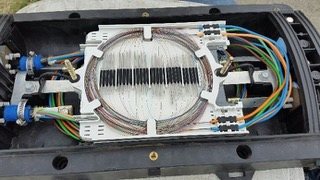 Caja de empalme óptico abierta con fibras organizadas